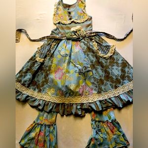 Mustard Pie bundle: 2 dresses, leggings, cardigan, and belt, or head tie.